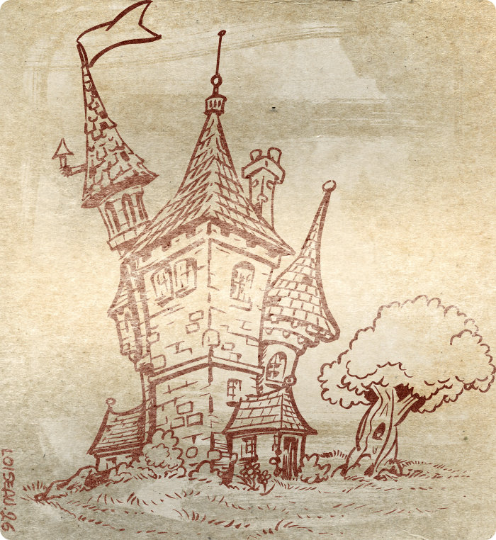 Dessin d'un château un peu délabré de style humoristique